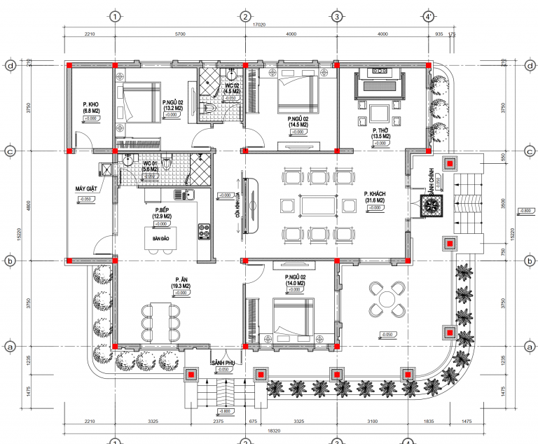Full bản vẽ file cad (pdf)+ kinh phí nhà 1 tầng nông thôn mái ngói kích thước 15.22×17.02m