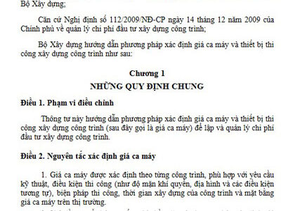 TT 06/ 2010/TT – BXD có phụ lục dữ liệu cơ sở xác định giá ca máy và thiết bị thi công