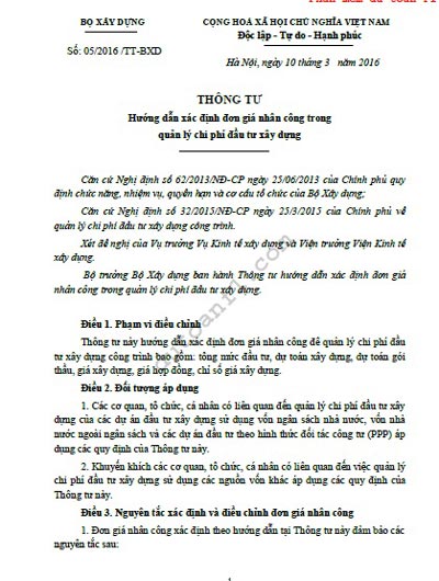 TT 05/2016/TT - BXD Hướng dẫn xác định đơn giá nhân công trong quản lý chi phí đầu tƣ xây dựng