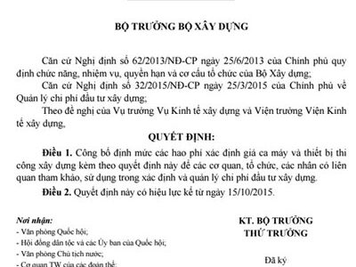 QĐ 1134/QĐ-BXD Về việc Công bố định mức các hao phí xác định giá ca máy và thiết bị thi công xây dựng