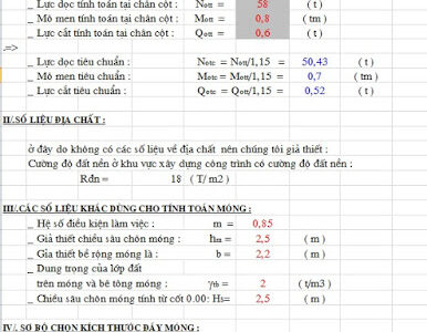 Bảng tính móng đơn không có địa chất