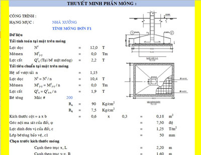 Bảng tính phần móng đơn, có thuyết minh