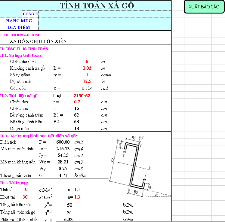 FILE EXCEL TÍNH TOÁN XÀ GỒ THÉP