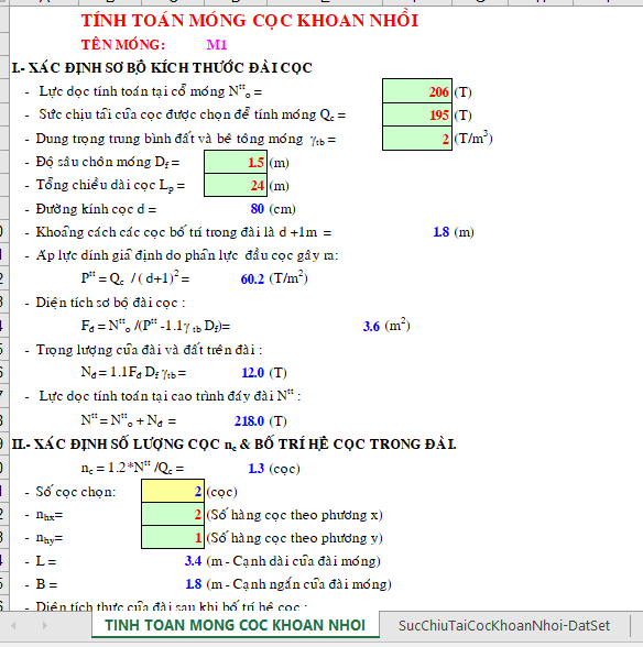 Bảng tính cọc khoan nhồi