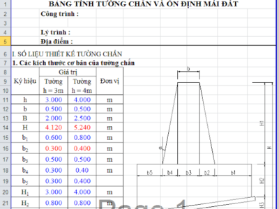 EXCEL TÍNH TƯỜNG CHẮN & ỔN ĐỊNH MÁI ĐẤT