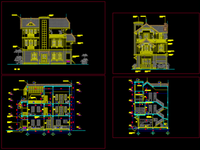 Kiến trúc nhà ở 3 tầng mái thái có mặt bằng, mặt đứng, mặt cắt