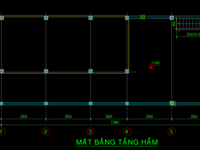 Bản vẽ Nhà kích thước 7 x 20 m, có hầm để xe, mái thái